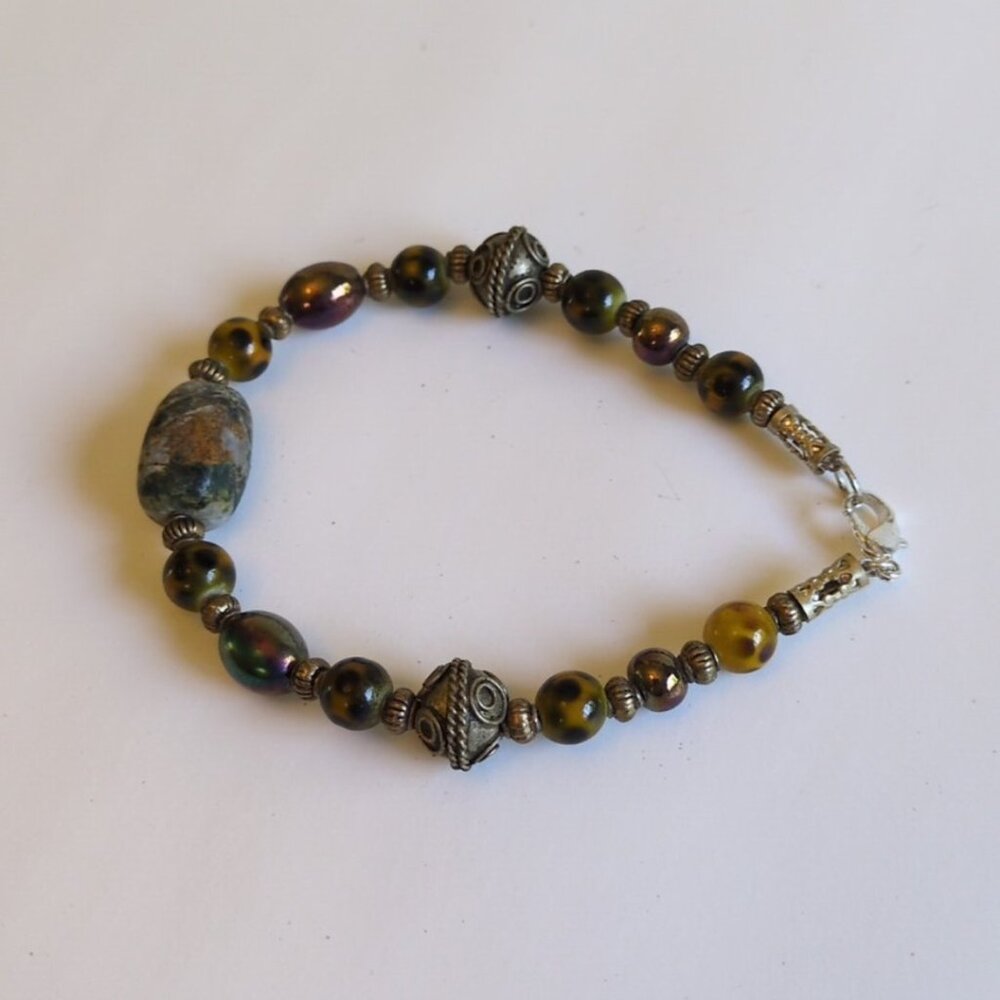 Vintage Jasper Stone & Asst. Beaded Bracelet Bohemian Mystical Tibet Natural